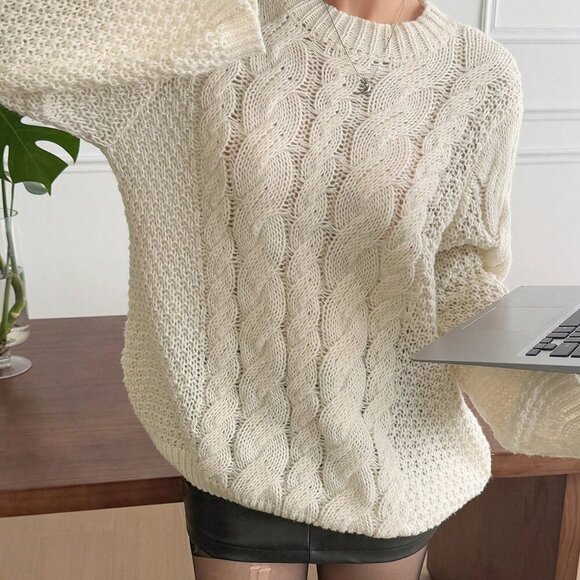 White Casual Women's Hemp Pattern Round Collar Wide Sleeve Long Sleeve Sweater - Picture 8 of 9